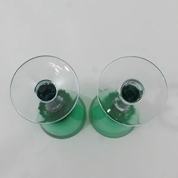 Set of 2 Emerald Green Tapered Wine Glasses Clear Stems Vintage