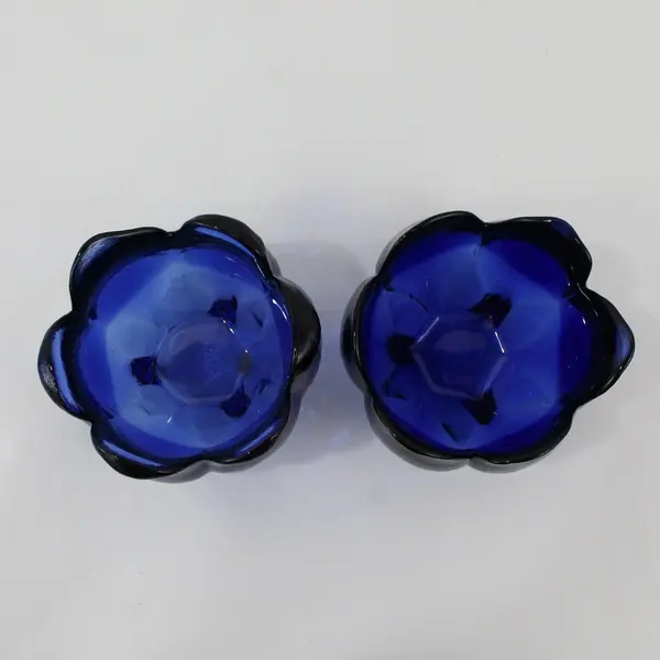 2 Vintage Cobalt Blue Art Glass Tulip Footed Votive Candle Holders
