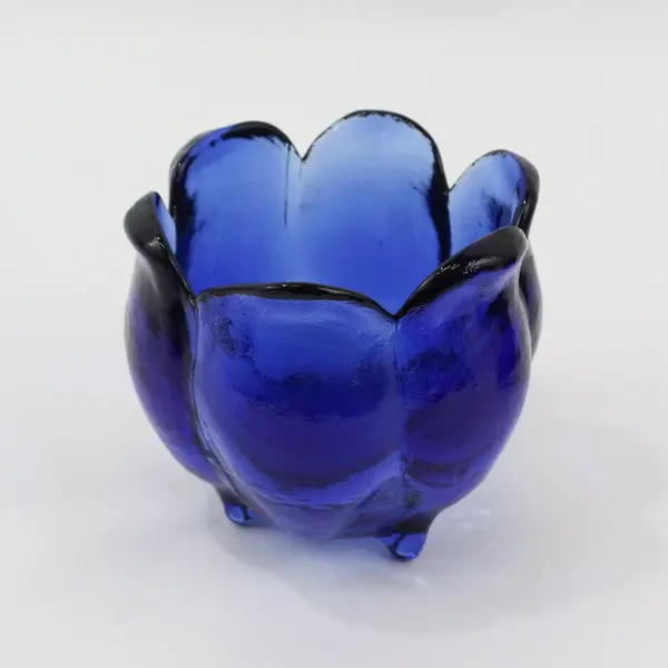 2 Vintage Cobalt Blue Art Glass Tulip Footed Votive Candle Holders