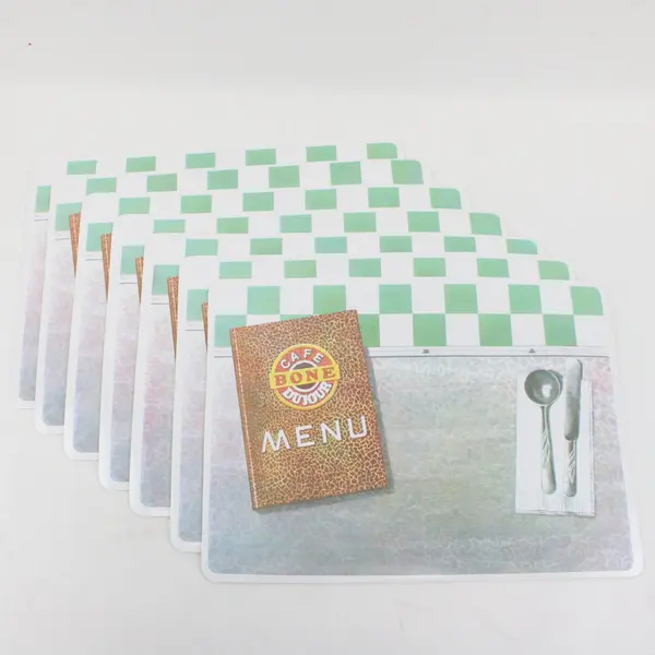 Set of 7 Cafe Bone Du Jour Plastic Placemats Menu Silverware Design