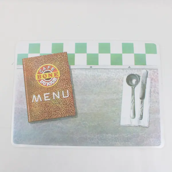 Set of 7 Cafe Bone Du Jour Plastic Placemats Menu Silverware Design