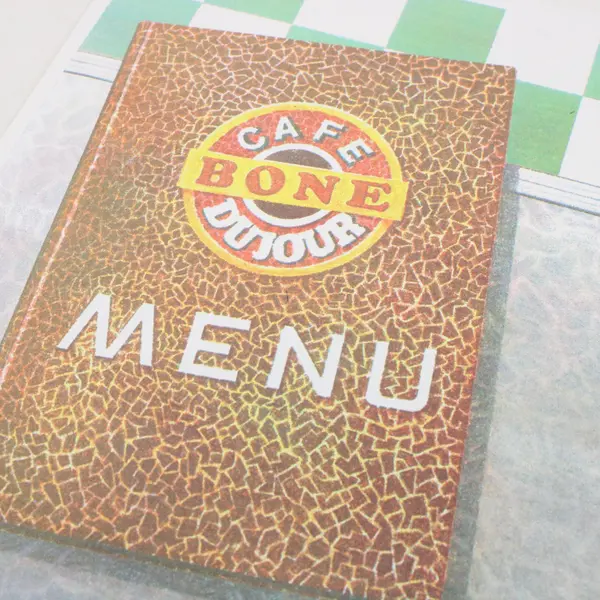 Set of 7 Cafe Bone Du Jour Plastic Placemats Menu Silverware Design