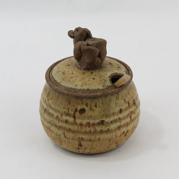 Handmade Ceramic Honey/Jam Pot Bear Lid Finial Wooden Spoon Vintage