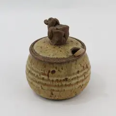 Handmade Ceramic Honey/Jam Pot Bear Lid Finial Wooden Spoon Vintage