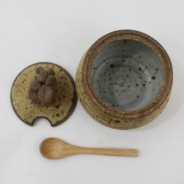 Handmade Ceramic Honey/Jam Pot Bear Lid Finial Wooden Spoon Vintage