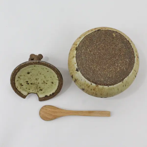 Handmade Ceramic Honey/Jam Pot Bear Lid Finial Wooden Spoon Vintage