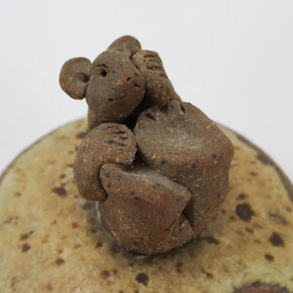 Handmade Ceramic Honey/Jam Pot Bear Lid Finial Wooden Spoon Vintage