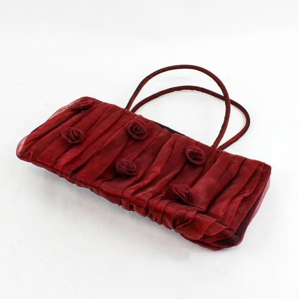 Women's Red Ruched Chiffon Shoulder Bag Purse Multiple Rose Accents