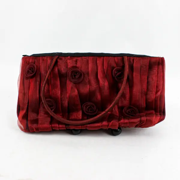 Women's Red Ruched Chiffon Shoulder Bag Purse Multiple Rose Accents