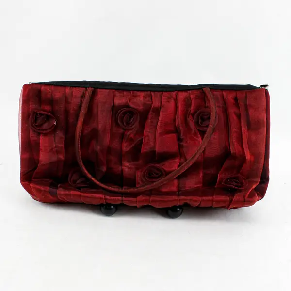 Women's Red Ruched Chiffon Shoulder Bag Purse Multiple Rose Accents
