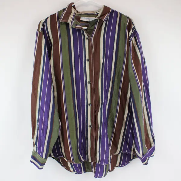 Bachroad Women's 100% Silk Striped Button Front Shirt Long Sleeve L