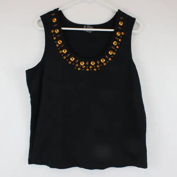 NY Collection Women's Black Tank Top Yellow Rhinestone Bedazzled 2X
