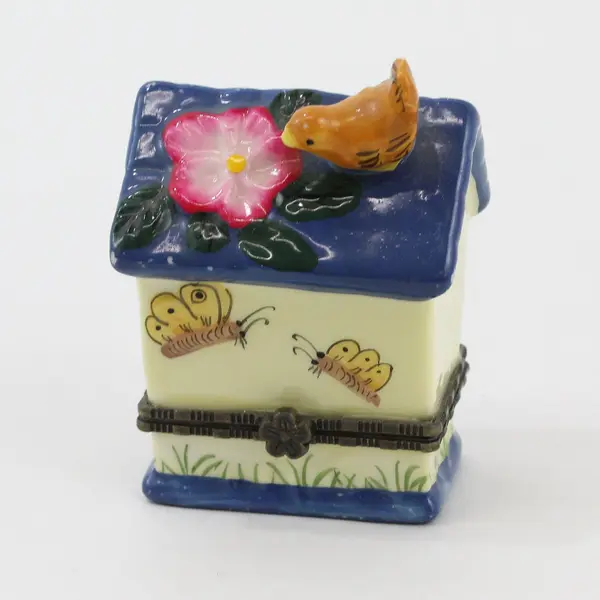 Small Blue And Yellow Ceramic Birdhouse Trinket Box 