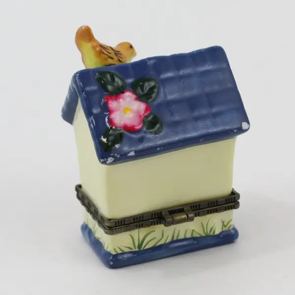 Small Blue And Yellow Ceramic Birdhouse Trinket Box 