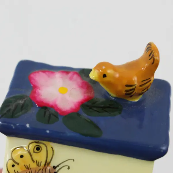 Small Blue And Yellow Ceramic Birdhouse Trinket Box 