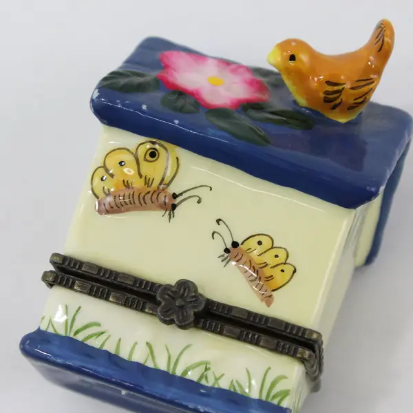 Small Blue And Yellow Ceramic Birdhouse Trinket Box 