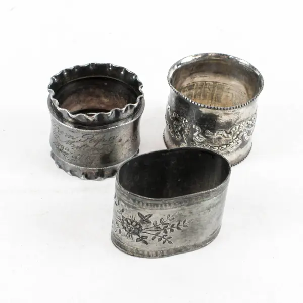 Lot of 3 Vintage Victorian Style Engraved Silver Plated Napkin Rings