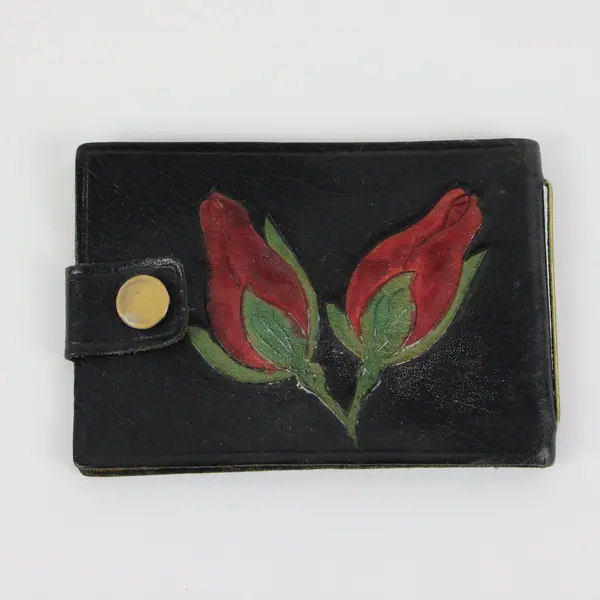 Vintage Black Leather Wallet Hand-Tooled Painted Red Rose Western