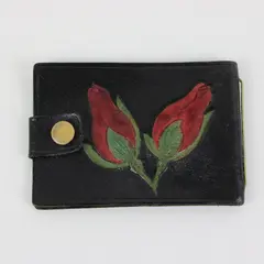 Vintage Black Leather Wallet Hand-Tooled Painted Red Rose Western