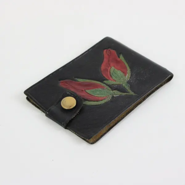 Vintage Black Leather Wallet Hand-Tooled Painted Red Rose Western