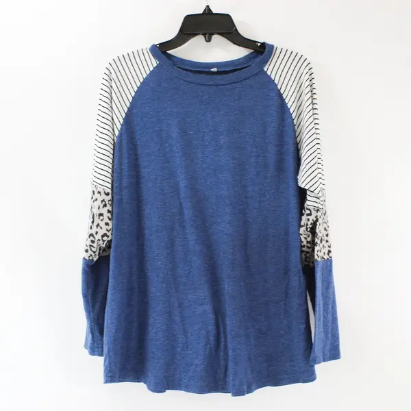 Women's Large Blue White Black Striped Leopard Print Shirt Top