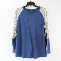 Women's Large Blue White Black Striped Leopard Print Shirt Top