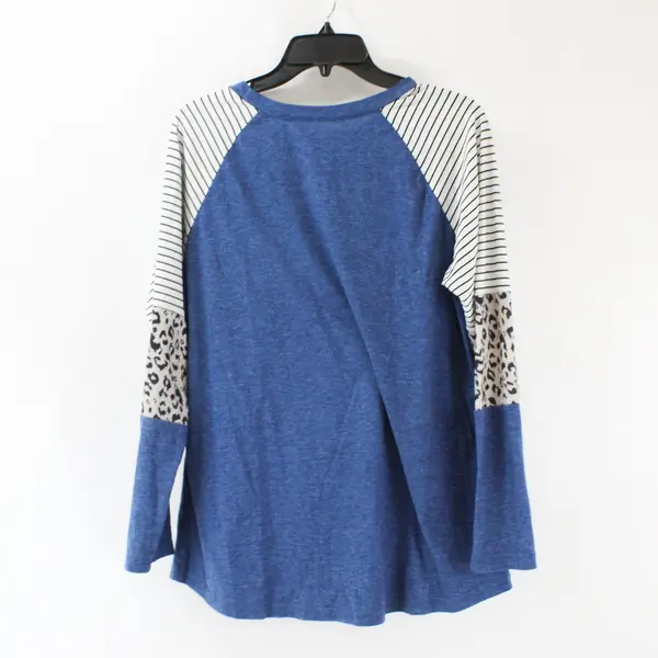 Women's Large Blue White Black Striped Leopard Print Shirt Top