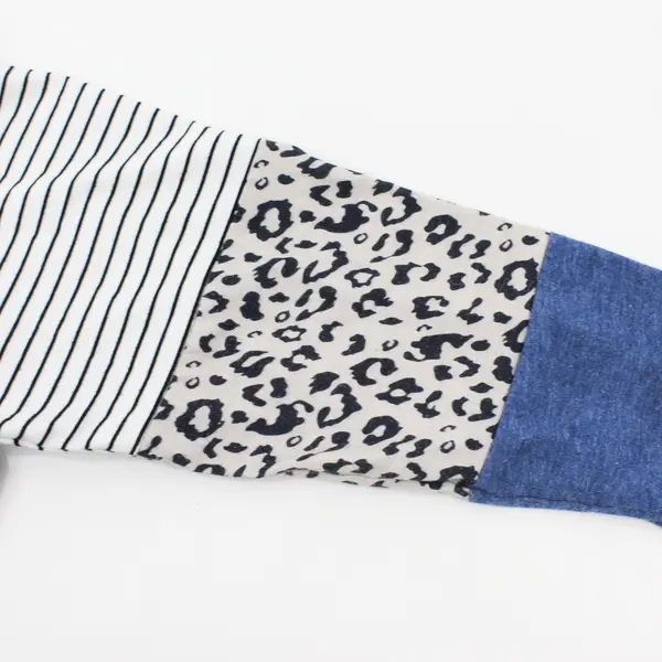 Women's Large Blue White Black Striped Leopard Print Shirt Top