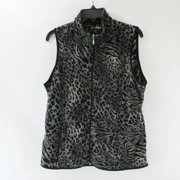 Lena Gray Women's Black Leopard Fleece Zip Vest Medium