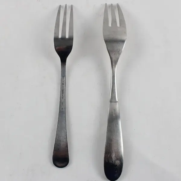 Set of 2 Mismatched Three-Pronged Stainless Steel Forks (Walco, Wesley Forge)
