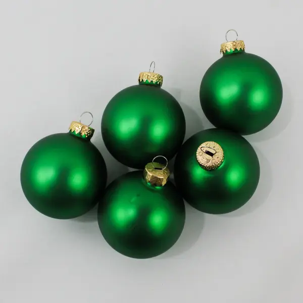 Lot of 5 Matte Green Glass Christmas Ball Ornaments 3in Gold-Tone Caps