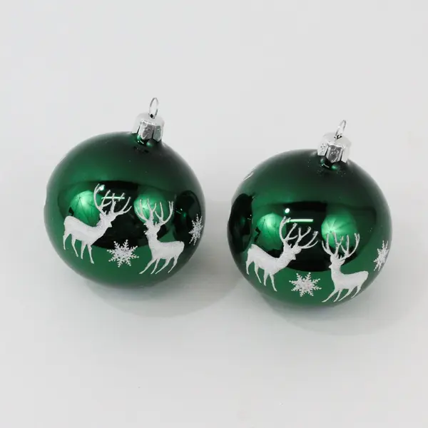  2 VTG Shiny Green Glass Ball Ornaments White Glitter Reindeer Snowflakes 3.5"