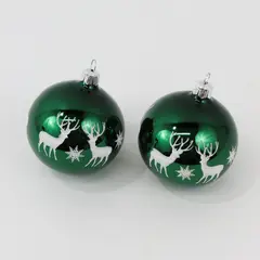  2 VTG Shiny Green Glass Ball Ornaments White Glitter Reindeer Snowflakes 3.5"