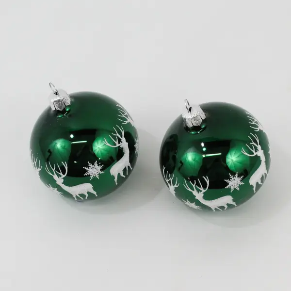  2 VTG Shiny Green Glass Ball Ornaments White Glitter Reindeer Snowflakes 3.5"