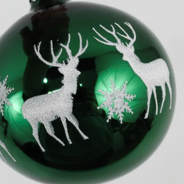  2 VTG Shiny Green Glass Ball Ornaments White Glitter Reindeer Snowflakes 3.5"