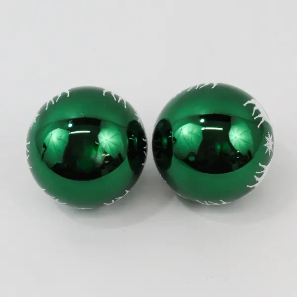  2 VTG Shiny Green Glass Ball Ornaments White Glitter Reindeer Snowflakes 3.5"