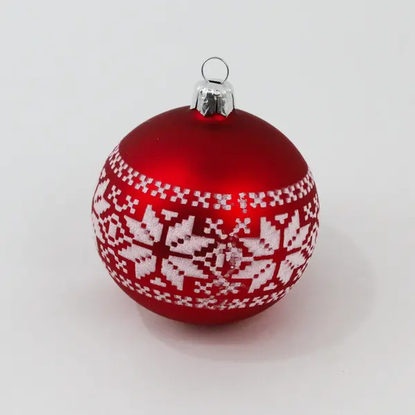 Matte Red 3.5" Glass Ornament White Glitter Nordic Snowflake & Sweater Design VG