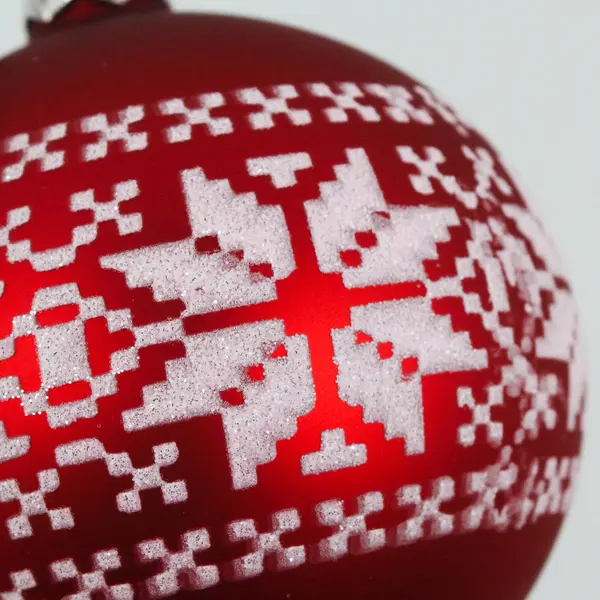 Matte Red 3.5" Glass Ornament White Glitter Nordic Snowflake & Sweater Design VG