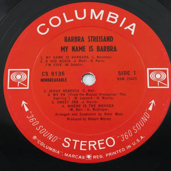 Barbra Streisand My Name Is Barbra Vinyl LP 1965 CS 9136