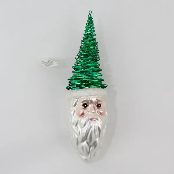 Dept 56 VTG Santa Claus Head Blown Glass Ornament Green Tinsel Tree Hat 6.5"