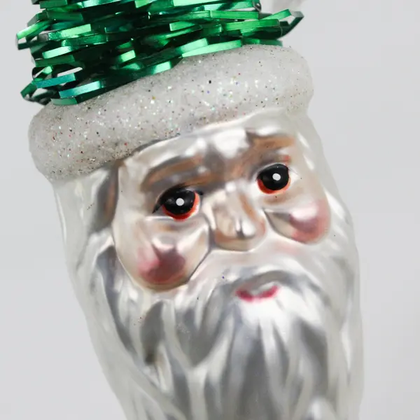 Dept 56 VTG Santa Claus Head Blown Glass Ornament Green Tinsel Tree Hat 6.5"