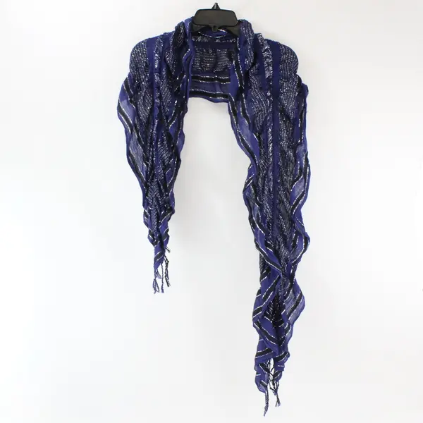 Navy Blue and Black Striped Sheer Scarf Silver Metallic Thread Fringe Ends 89''
