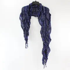 Navy Blue and Black Striped Sheer Scarf Silver Metallic Thread Fringe Ends 89''