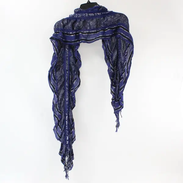 Navy Blue and Black Striped Sheer Scarf Silver Metallic Thread Fringe Ends 89''