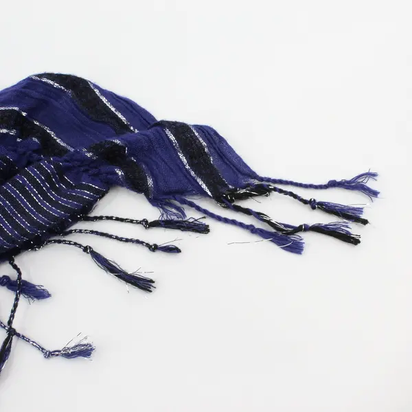 Navy Blue and Black Striped Sheer Scarf Silver Metallic Thread Fringe Ends 89''