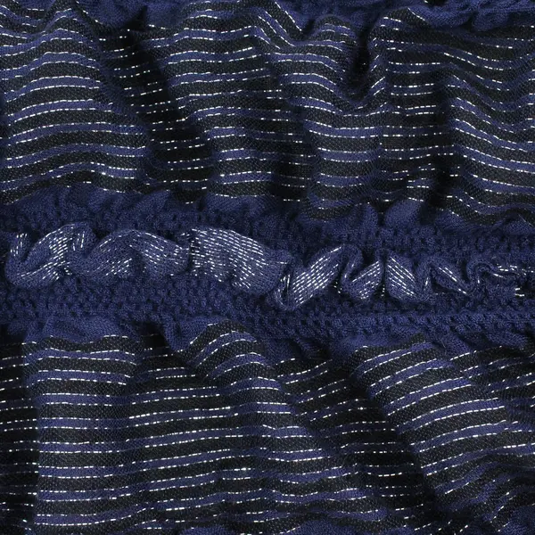 Navy Blue and Black Striped Sheer Scarf Silver Metallic Thread Fringe Ends 89''
