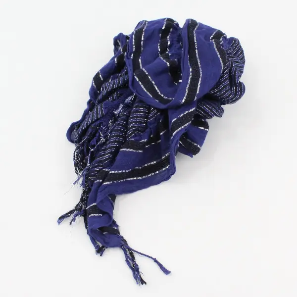 Navy Blue and Black Striped Sheer Scarf Silver Metallic Thread Fringe Ends 89''