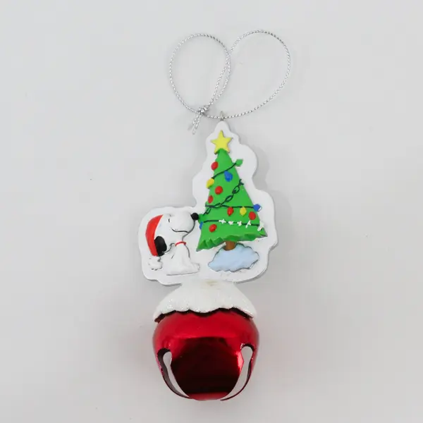 VTG UFS Peanuts Christmas Red Bell Ornament With Resin Snoopy & Tree On Top 4"