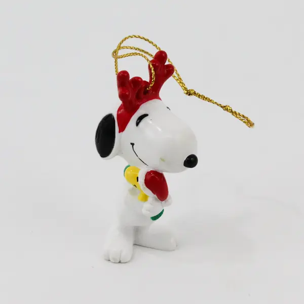 Vintage UFS Peanuts Snoopy Wearing Reindeer Antlers & Woodstock Ornament 3" Tall