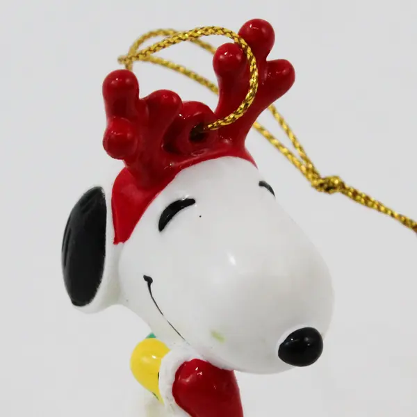 Vintage UFS Peanuts Snoopy Wearing Reindeer Antlers & Woodstock Ornament 3" Tall